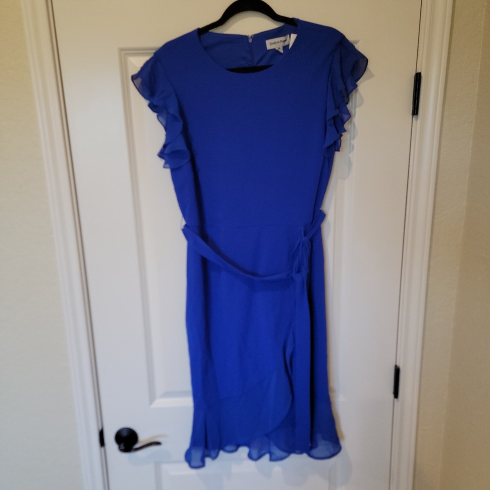 Shelby & Palmer Womens Royal Blue Ruffle Sleeve Faux Wrap Sheath Dress Size 16